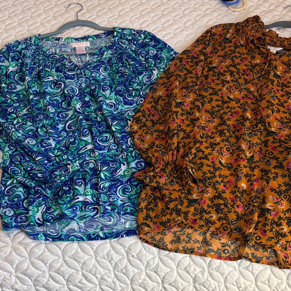 Stella Parker Stylish Blue and C EST. 1946 Orange Patterned Blouses W/Smocking L
